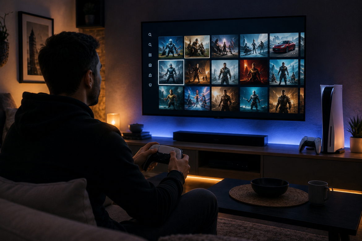 Чоловік грає на PlayStation 5 вдома та переглядає каталог відеоігор на великому телевізорі.