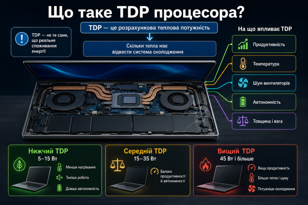 Інфографіка про TDP процесора ноутбука та його вплив на продуктивність, температуру, шум, автономність і охолодження