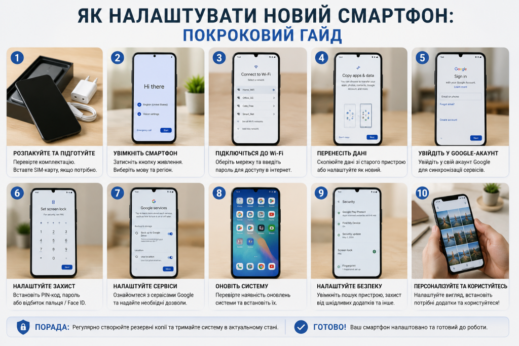 Інфографіка з покроковим налаштуванням нового смартфона: підключення до Wi-Fi, перенесення даних, вхід в акаунт, безпека та оновлення системи.