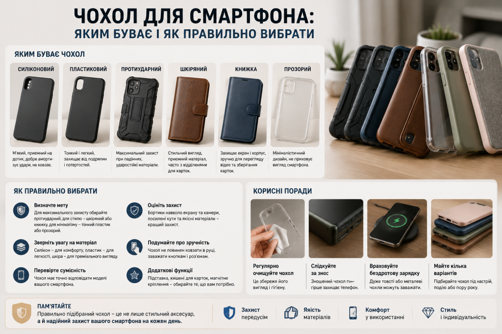Інфографіка про основні види чохлів для смартфона, матеріали, рівень захисту, сумісність та рекомендації щодо вибору.
