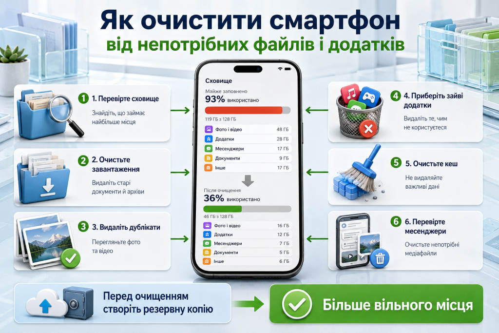 Інфографіка з покроковим очищенням пам’яті смартфона від зайвих файлів, додатків, кешу та дублікатів