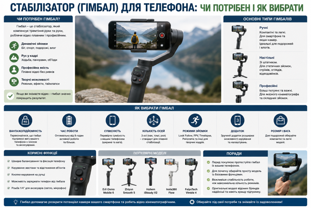 Інфографіка про вибір стабілізатора для смартфона, типи гімбалів, кількість осей, автономність, сумісність та режими зйомки.