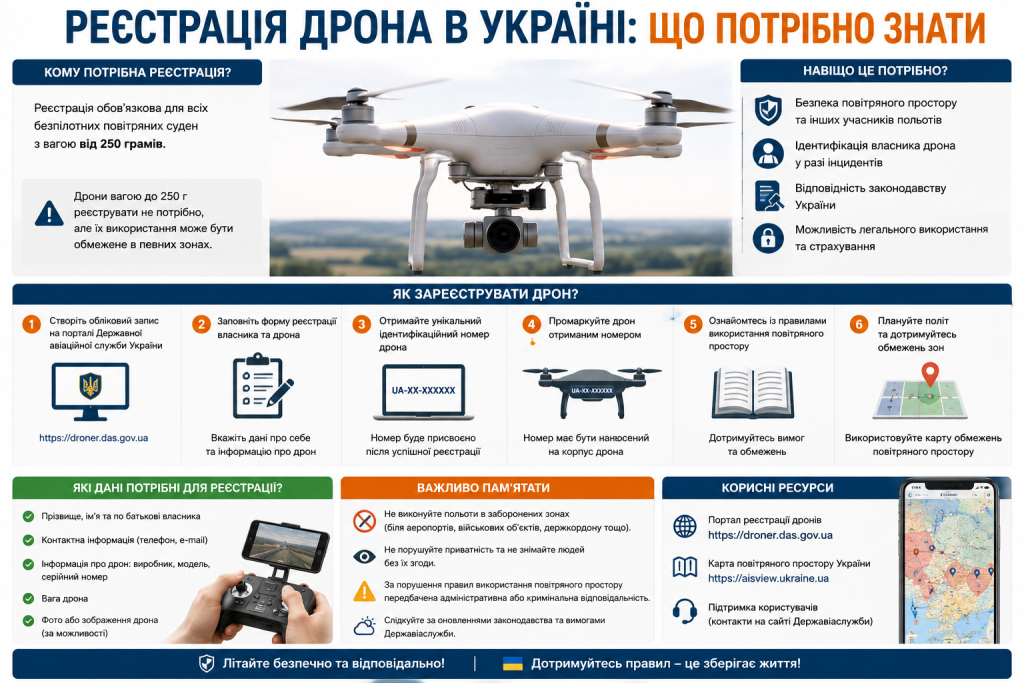 Інфографіка про реєстрацію дрона в Україні, необхідні дані, основні етапи оформлення та правила використання повітряного простору.