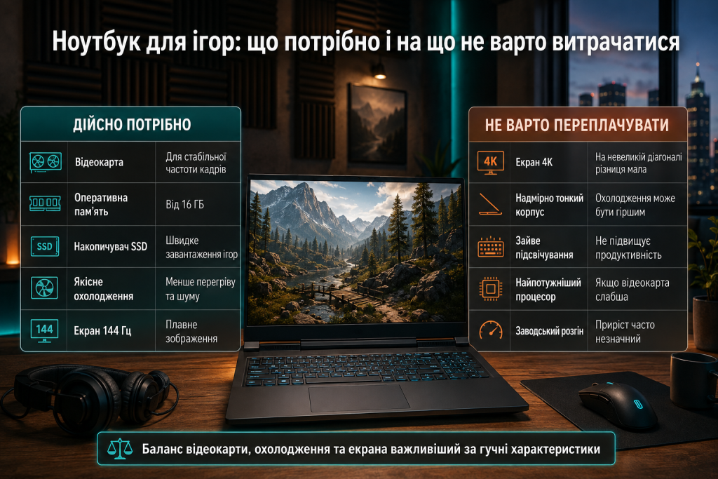 Інфографіка про вибір ігрового ноутбука за відеокартою, оперативною пам’яттю, SSD, охолодженням і екраном