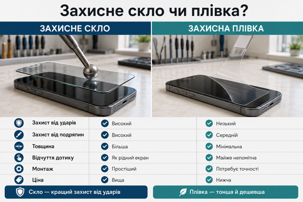 Інфографіка з порівнянням захисного скла та плівки для екрана смартфона за міцністю, товщиною, монтажем і ціною