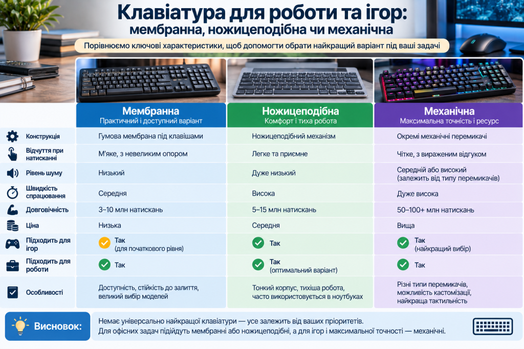 Порівняльна таблиця мембранної, ножицеподібної та механічної клавіатур за конструкцією, рівнем шуму, швидкістю роботи, довговічністю та ціною.